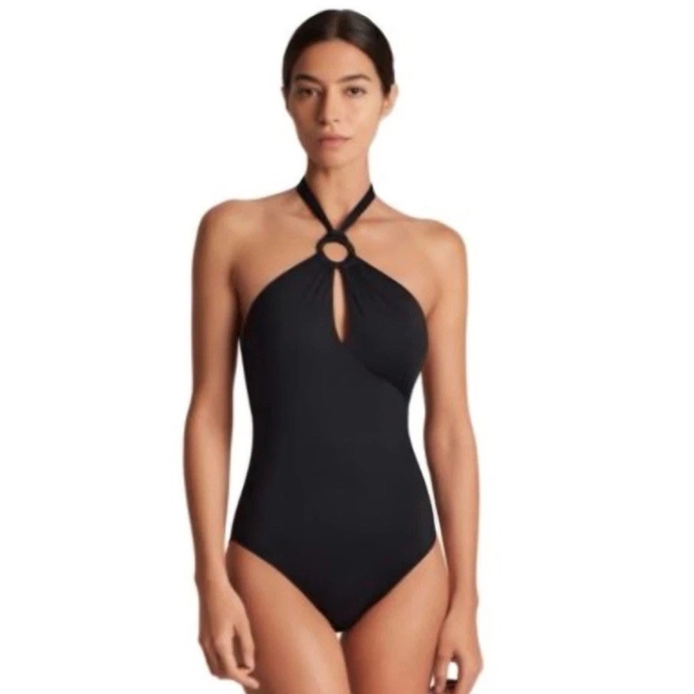 Lauren Ralph Lauren Black Solid High-Neck Halter Ring One-Piece Swimsuit 10